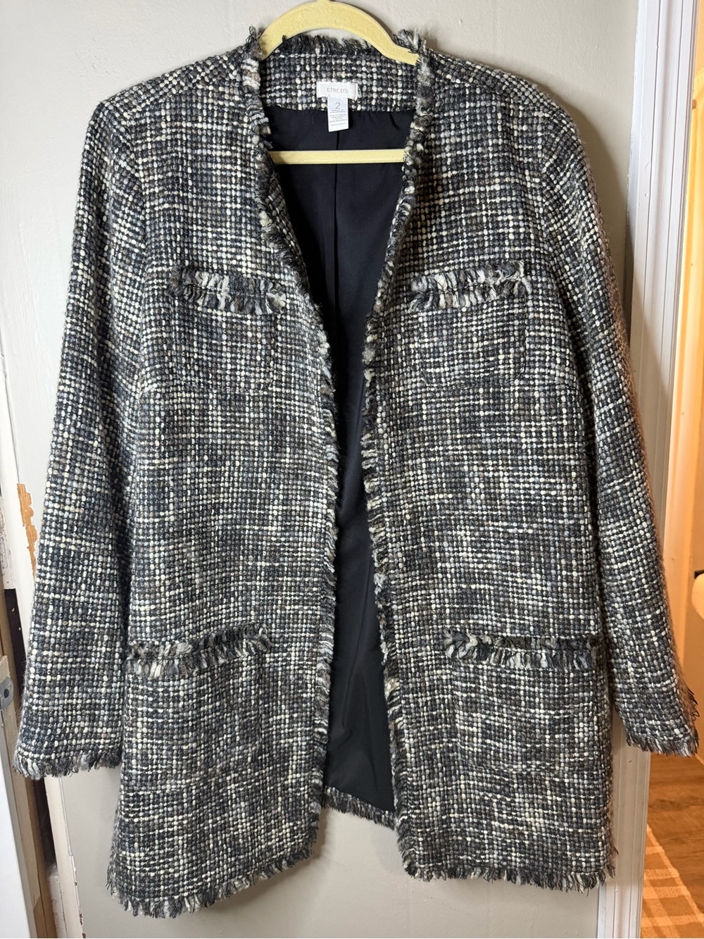 Chico’s Tweed Fringe Jacket Blazer Black White Gray Open Front Longline Size 2 L